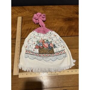 Vintage Embroidered Kitchen Towel Pink Crochet Top‎ Flower Basket